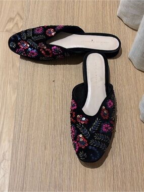 Loeffler Randall Black Velvet Embroidered Sequin Floral Mules